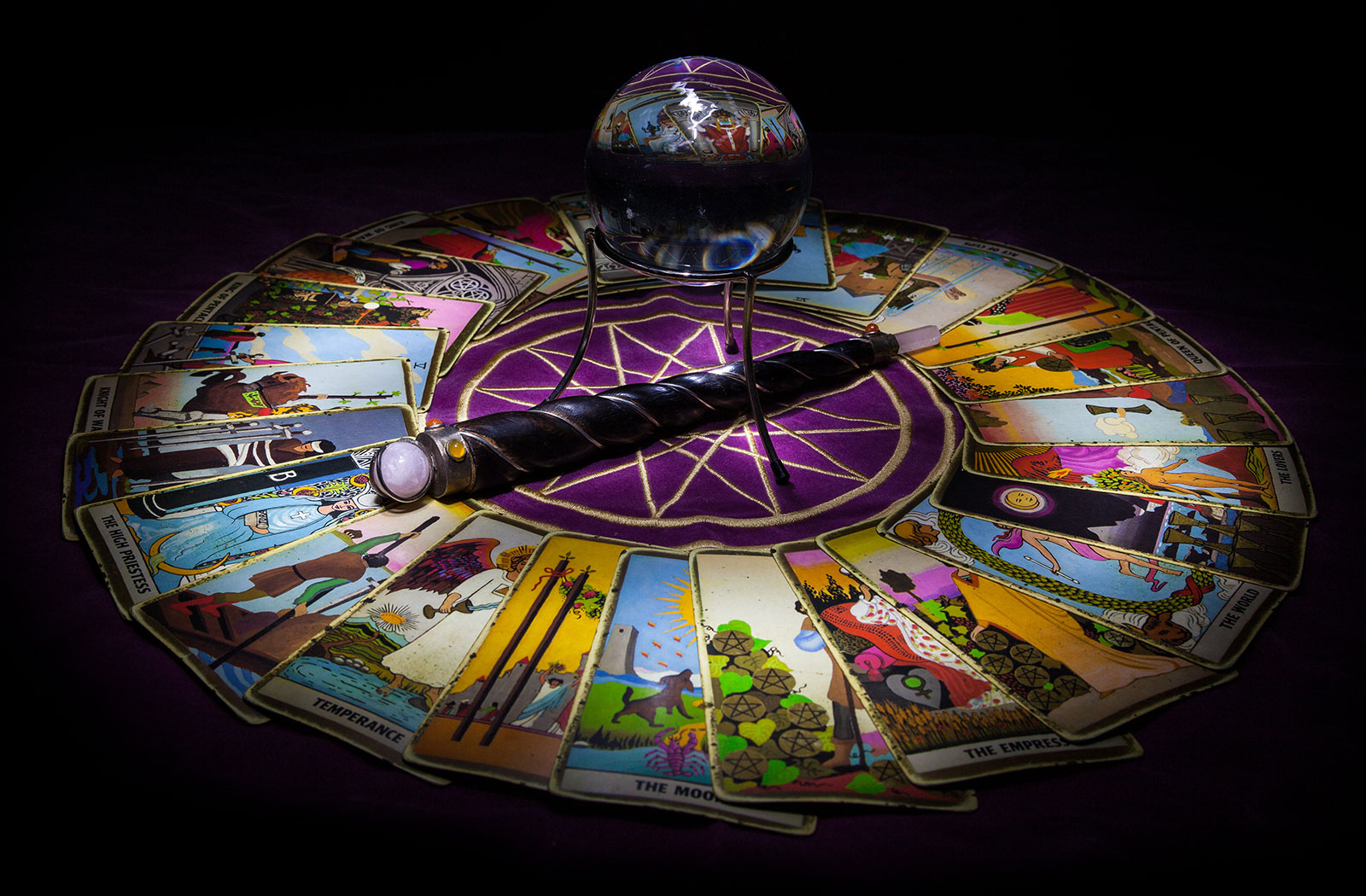 Tarot cards with crystal ball in the center